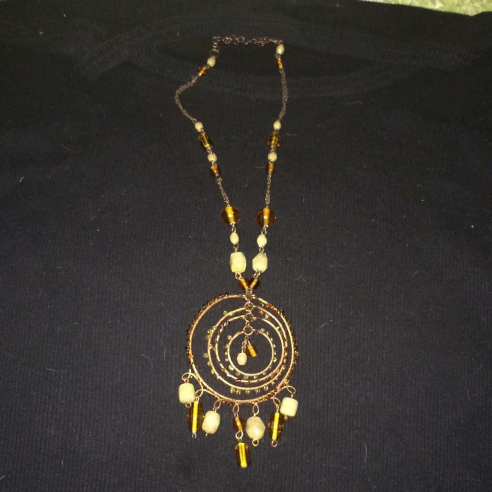 ☀️ Vintage 1970s copper wire beaded pendant necklace